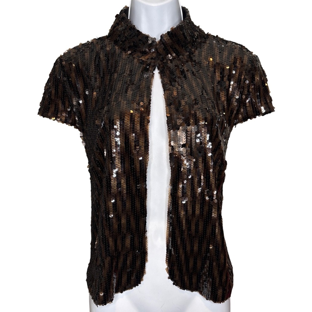 Sharon Young Womens Sequin Short Sleeve Open Front Bolero Jacket Sz L Party Glam